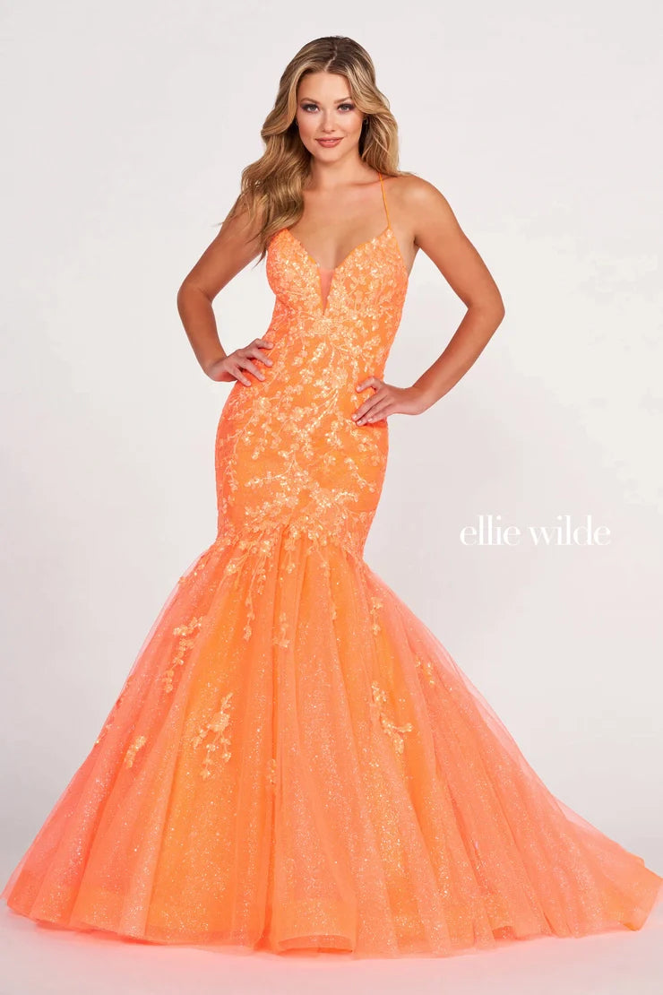 Feminine Allure Ellie Wilde EW34011 Size 10 Orange Prom Dress Sequin Backless Corset Mermaid Shimmer Formal Gown V Neck Feminine Allure Ellie Wilde EW34011 Size 10 Orange Prom Dress Sequin Backless Corset Mermaid Shimmer Formal Gown V Neck