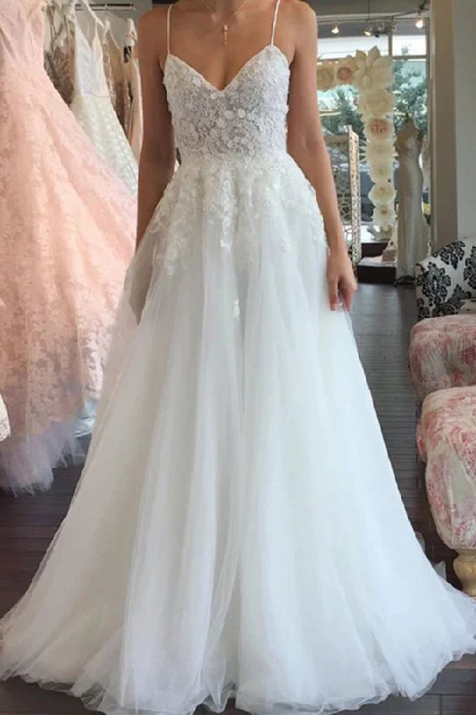 Luxury Comfort A Line Spaghetti Straps V-Neck Floor Ivory Tulle Beach Wedding Dresses with Appliques N1000 Luxury Comfort A Line Spaghetti Straps V-Neck Floor Ivory Tulle Beach Wedding Dresses with Appliques N1000