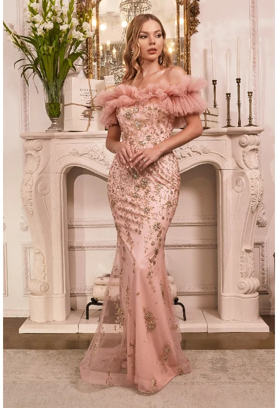 Disco - Inspired Retro Dance Look Ladivine J818 Size 4 Rose Gold Long Fitted Glitter Pleated off the Shoulder Formal Evening Gown Couture Disco - Inspired Retro Dance Look Ladivine J818 Size 4 Rose Gold Long Fitted Glitter Pleated off the Shoulder Formal Evening Gown Couture