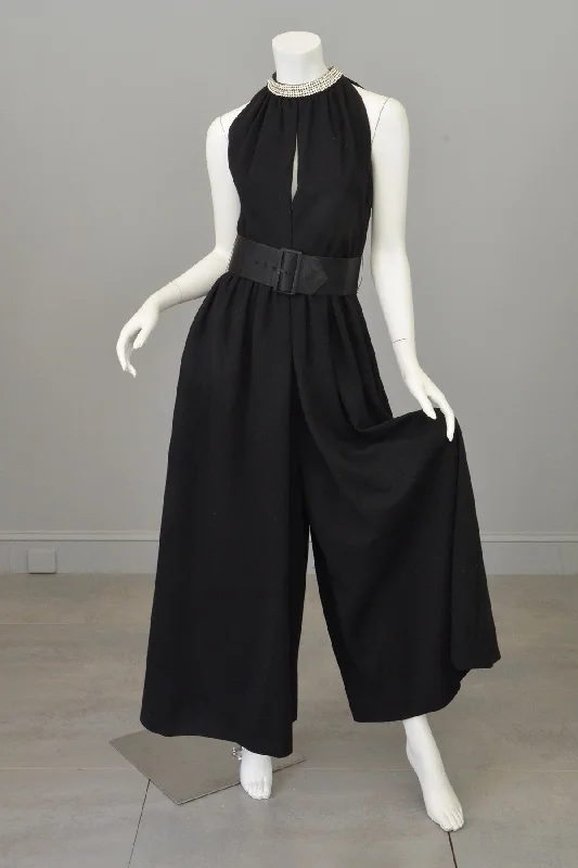 Latest Trends 1970s Black Knit Keyhole Crystal Beaded Wide Leg Palazzo Jumpsuit