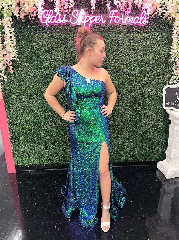 Trendy Fashion for Women Ava Presley 39280 Size 10 Teal Long Iridescent Sequin Ruffle One Shoulder Prom Dress Slit Pageant Gown Trendy Fashion for Women Ava Presley 39280 Size 10 Teal Long Iridescent Sequin Ruffle One Shoulder Prom Dress Slit Pageant Gown
