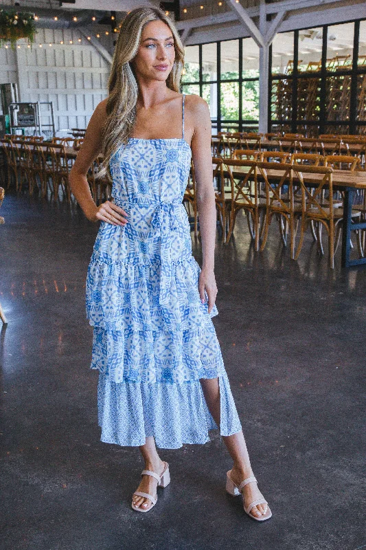 Feminine Soft - Hued Styles Bridget Layered Hem Midi Dress, White/Blue
