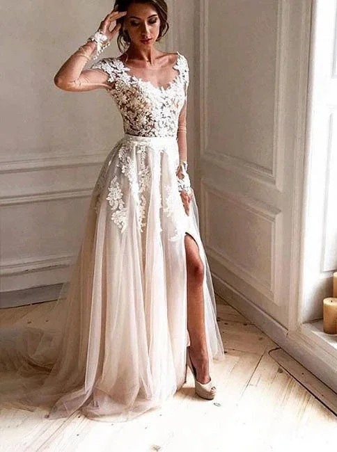 Chic & Cozy Apparel Vintage Long Sleeves Lace Tulle Beach Wedding Dresses With Split Chic & Cozy Apparel Vintage Long Sleeves Lace Tulle Beach Wedding Dresses With Split