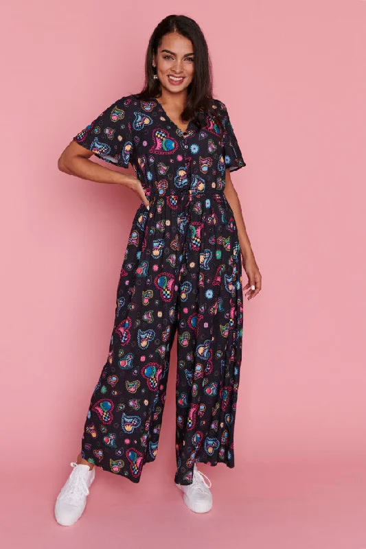 Y2K Nostalgic Fashion Look Justine Paisley Hearts Jumpsuit