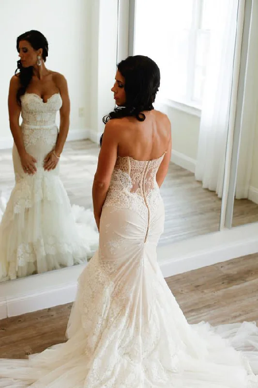 Exclusive Sale Sweetheart Mermaid Backless Tiered Lace Tulle Wedding Dresses with Sweep Train Exclusive Sale Sweetheart Mermaid Backless Tiered Lace Tulle Wedding Dresses with Sweep Train