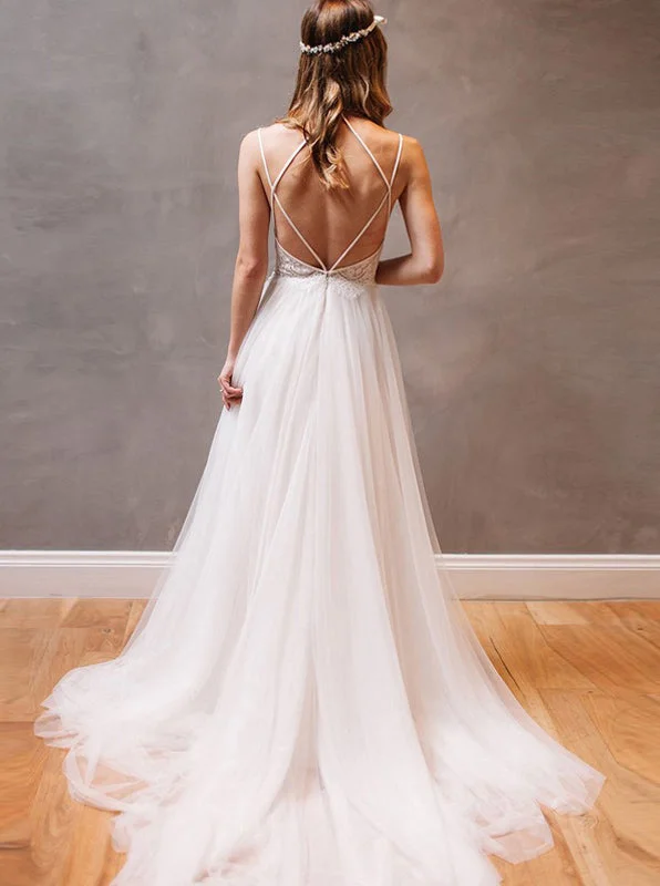 Chic Sophistication Bohemian V Neck Spaghetti Straps Backless Tulle Wedding Dresses OW669 Chic Sophistication Bohemian V Neck Spaghetti Straps Backless Tulle Wedding Dresses OW669