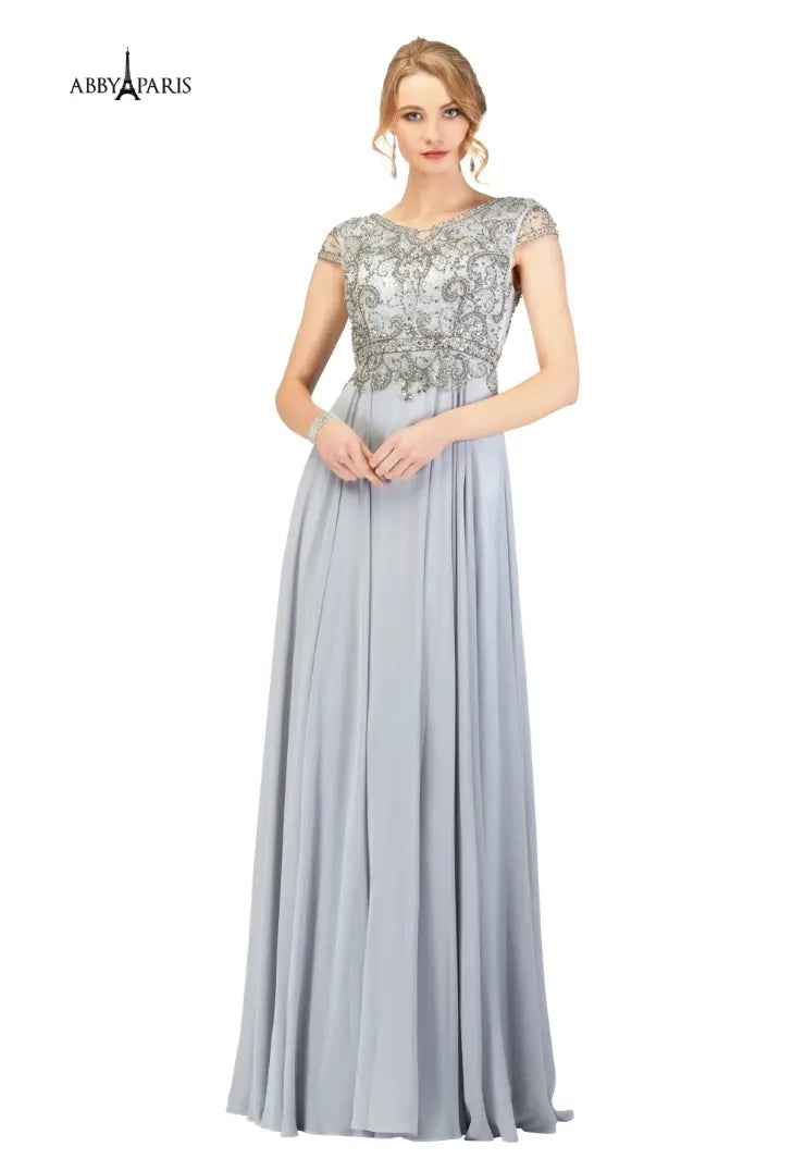 Trend Alert Abby Paris 95091 size 20 Grey A-Line Chiffon Embellished Bodice Short Sleeve MOB Formal Gown Trend Alert Abby Paris 95091 size 20 Grey A-Line Chiffon Embellished Bodice Short Sleeve MOB Formal Gown