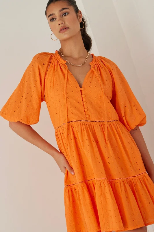 Massive Selection Sale Gemini Orange Broiderie Balloon Sleeve Tiered Mini Dress