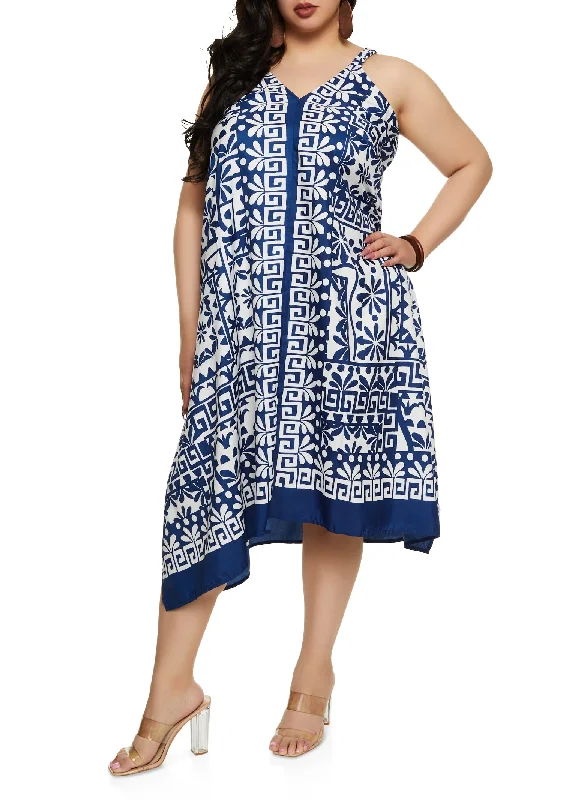 Contemporary Elegance Plus Size Border Print V Neck Maxi Dress