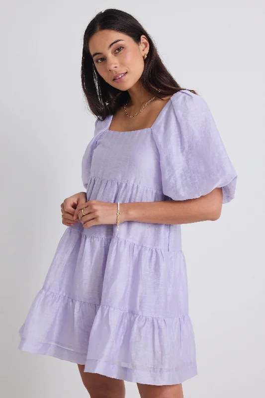 Elevate Your Wardrobe Beyond Lilac Puff Sleeve Tiered Mini Dress