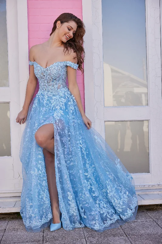Floral Style Ellie Wilde EW35116 Size 4 Light Blue Sequin Lace off the shoulder slit prom dress A Line Formal Gown Sheer Floral Style Ellie Wilde EW35116 Size 4 Light Blue Sequin Lace off the shoulder slit prom dress A Line Formal Gown Sheer