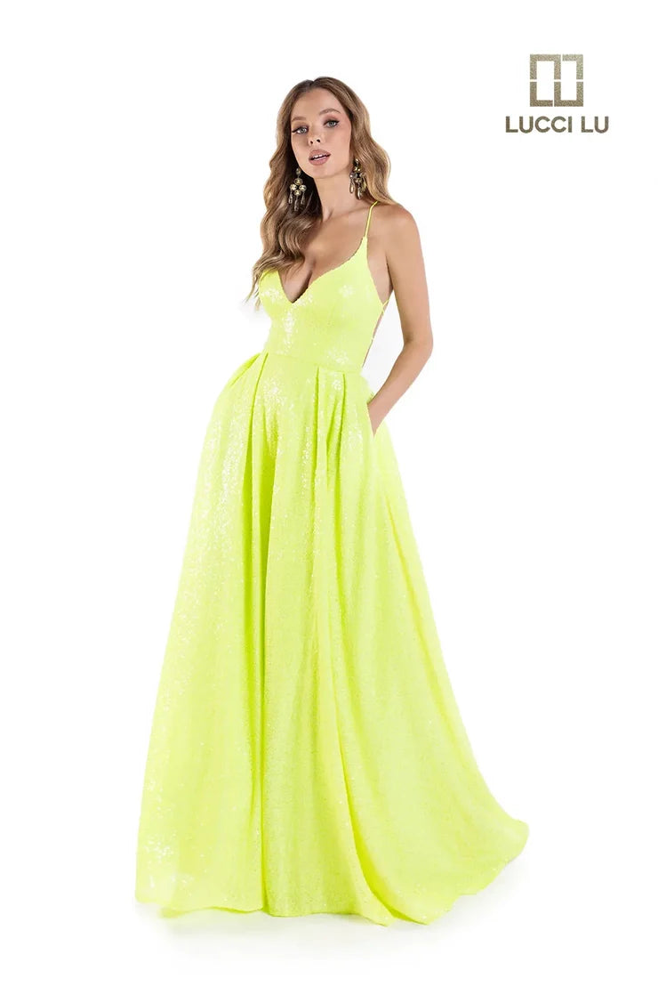 Fashion Deal Lucci Lu 1246 Size 10 Neon Green Sequin Neon A Line Ballgown Backless Corset Prom Dress Pockets Formal Gown Fashion Deal Lucci Lu 1246 Size 10 Neon Green Sequin Neon A Line Ballgown Backless Corset Prom Dress Pockets Formal Gown