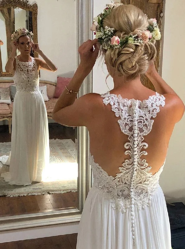 Flash Sale A-line Scoop Neckline Ivory Chiffon Lace Long Beach Wedding Dress OW611