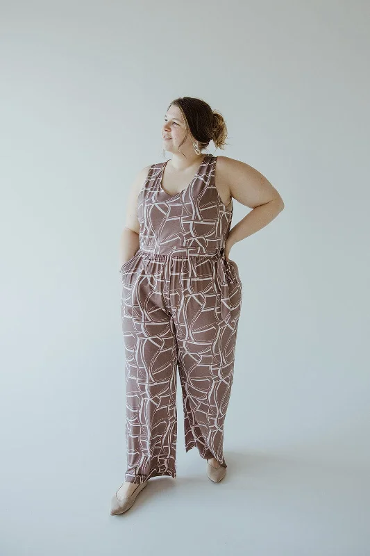 Feminine Soft - Hued Styles GEOMETRIC V-NECK JUMPSUIT WITH TIE