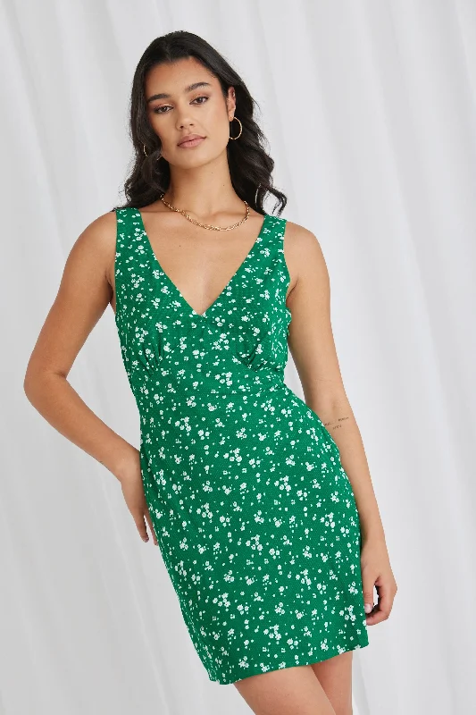 Elegant Details Orion Green Ditsy Slim Fit Mini Dress