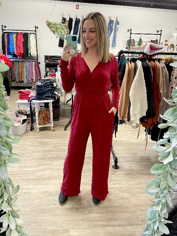High End Women's Wear Long Sleeve Ribbed Jumpsuit in Red