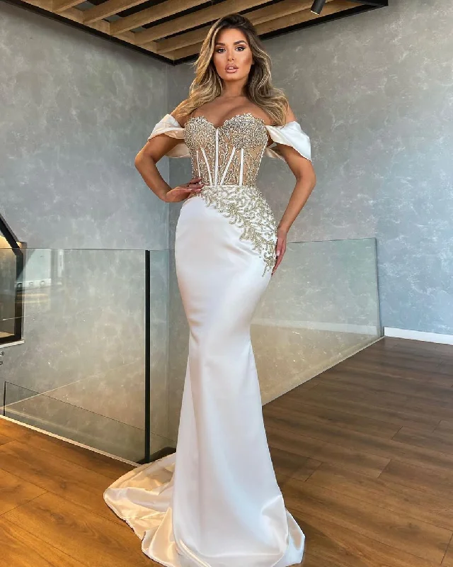 Massive Selection Sale White Satin Dress with Silver Appliques