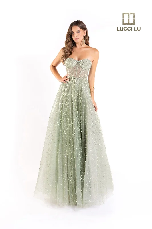 Romantic Detailing Lucci Lu 1233 Size 14 Dusty Sage Long Beaded A Line Sheer Corset Ballgown Formal Dress Prom Pageant Evening Gown Romantic Detailing Lucci Lu 1233 Size 14 Dusty Sage Long Beaded A Line Sheer Corset Ballgown Formal Dress Prom Pageant Evening Gown