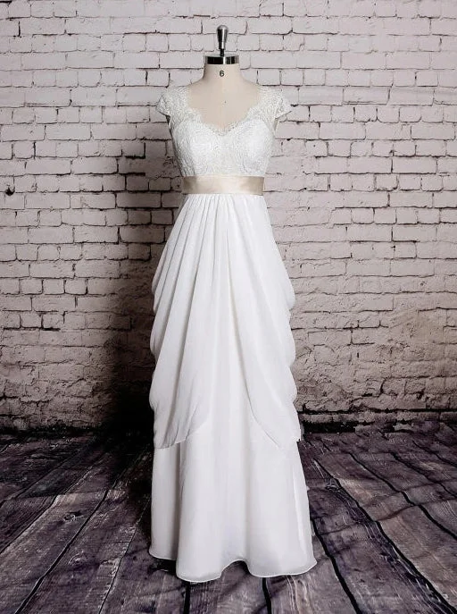 Luxury Fashion Princess V Neck Cap Sleeve Lace Chiffon Wedding Dresses With Ribbons OW680 Luxury Fashion Princess V Neck Cap Sleeve Lace Chiffon Wedding Dresses With Ribbons OW680