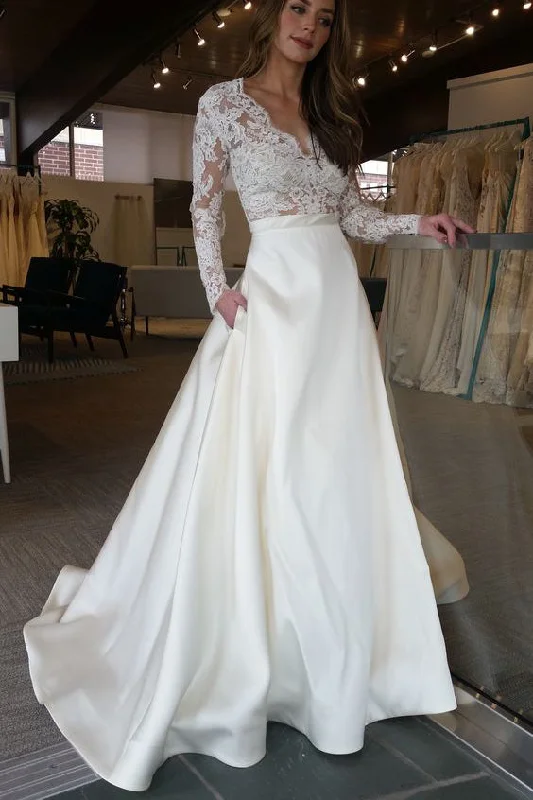 Exclusive Discount Elegant Ivory Long Sleeves Sweep Train Satin Long Wedding Dresses with Top Lace N517 Exclusive Discount Elegant Ivory Long Sleeves Sweep Train Satin Long Wedding Dresses with Top Lace N517