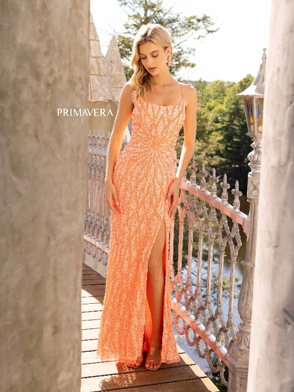 Hot Trends Primavera Couture 3959 Size 2, 10 Coral Sequined Prom Dress slit scoop neck formal gown Hot Trends Primavera Couture 3959 Size 2, 10 Coral Sequined Prom Dress slit scoop neck formal gown