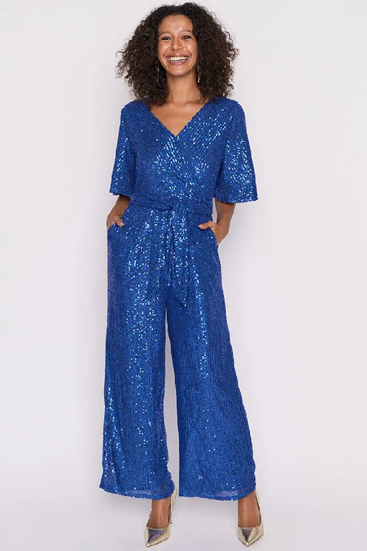 Grab Romantic Date - Night Styles Now Skyla Cobalt Sequins Party Jumpsuit