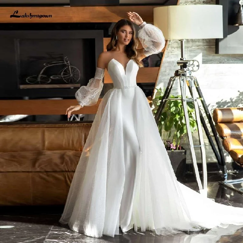 Top Brand Discounts Roycebridal African White Satin Mermaid Wedding Dress 2 in 1Puffy Sleeves Top Brand Discounts Roycebridal African White Satin Mermaid Wedding Dress 2 in 1Puffy Sleeves