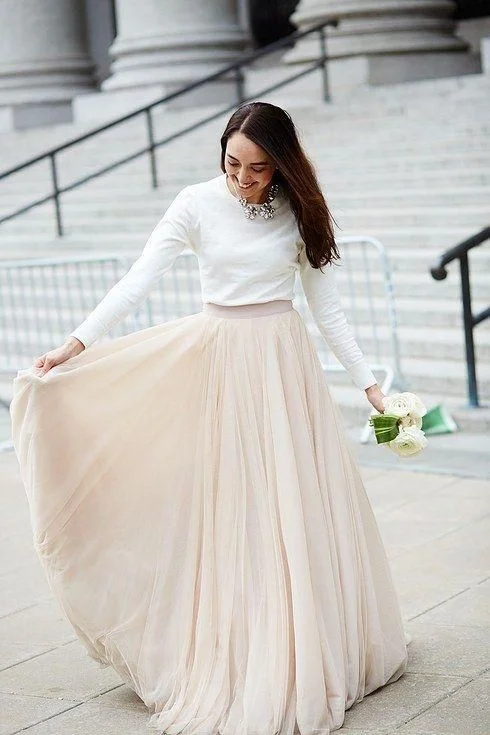 Flowing Silhouette Simple Unique Long Sleeves Two Piece Wedding Dress with Nude Tulle Skirt prom dress cg14163 Flowing Silhouette Simple Unique Long Sleeves Two Piece Wedding Dress with Nude Tulle Skirt prom dress cg14163