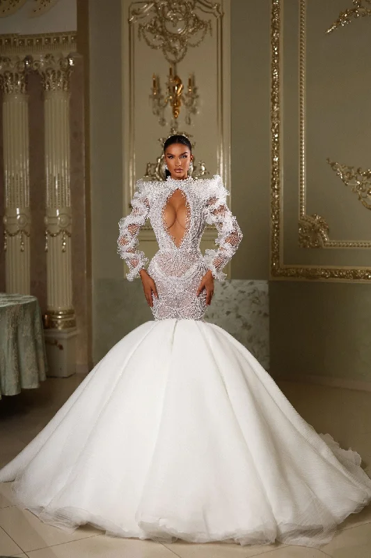 Weekend Special Pearl Embroidered Mermaid Gown with Open Chest & Back
