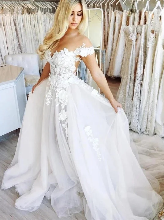 Fashion Sale Off Shoulder Lace Appliques Tulle Wedding Dresses A Line Long Bridal Dresses OW692 Fashion Sale Off Shoulder Lace Appliques Tulle Wedding Dresses A Line Long Bridal Dresses OW692