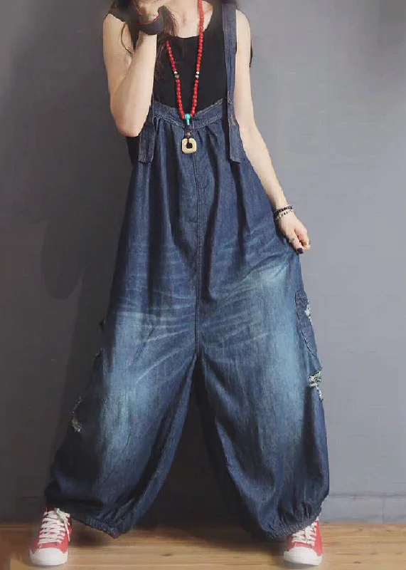 Vintage Retro Party Wear New Blue Pockets Hole Denim Jumpsuit Sleeveless