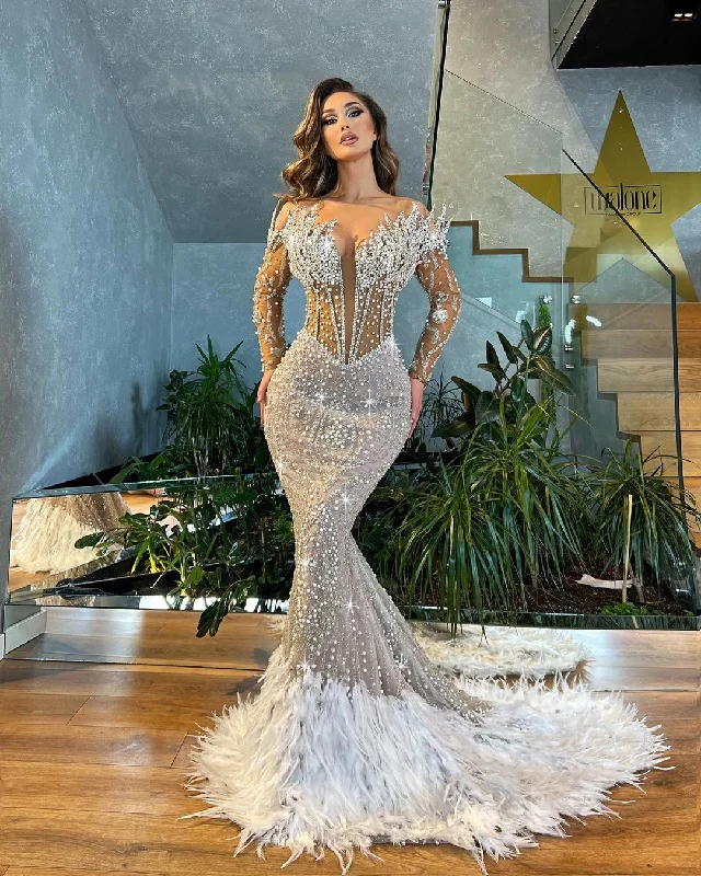 Bold Fashion Mermaid Silver Boned Corset Embellished Dress with Detachable Train
