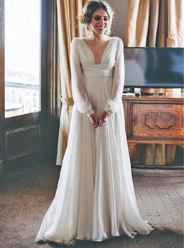Exclusive Deals Online Elegant V-Neck Chiffon Beach Wedding Dress With Long Sleeves OW605 Exclusive Deals Online Elegant V-Neck Chiffon Beach Wedding Dress With Long Sleeves OW605