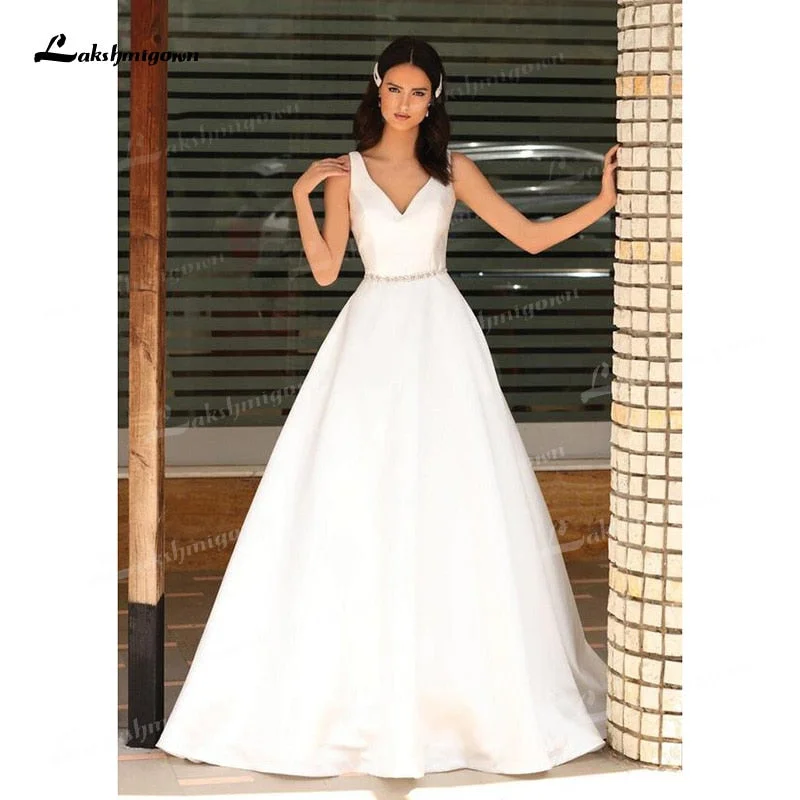 Elegant Clothing Roycebridal 2024 A-Line Soft Satin Wedding Dresses Beaded Sashes V-Neck Simple Sleeveless Backless Floor-Length Bridal Gown Off The Shoulder Elegant Clothing Roycebridal 2024 A-Line Soft Satin Wedding Dresses Beaded Sashes V-Neck Simple Sleeveless Backless Floor-Length Bridal Gown Off The Shoulder