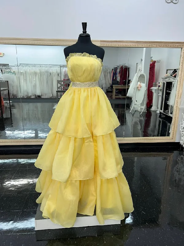 Limited Quantities Marc Defang 8146 Size 6 Yellow Long Layered A Line Maxi Slit Strapless Prom Dress Formal Gown Limited Quantities Marc Defang 8146 Size 6 Yellow Long Layered A Line Maxi Slit Strapless Prom Dress Formal Gown