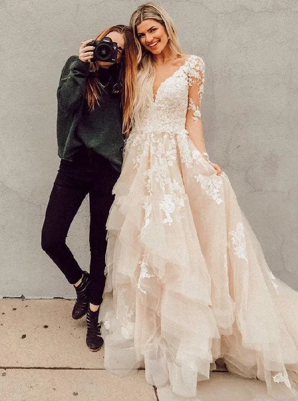 Elevate Your Wardrobe Romantic A-Line V-Neck Long Sleeves Wedding Dress with Appliques Elevate Your Wardrobe Romantic A-Line V-Neck Long Sleeves Wedding Dress with Appliques
