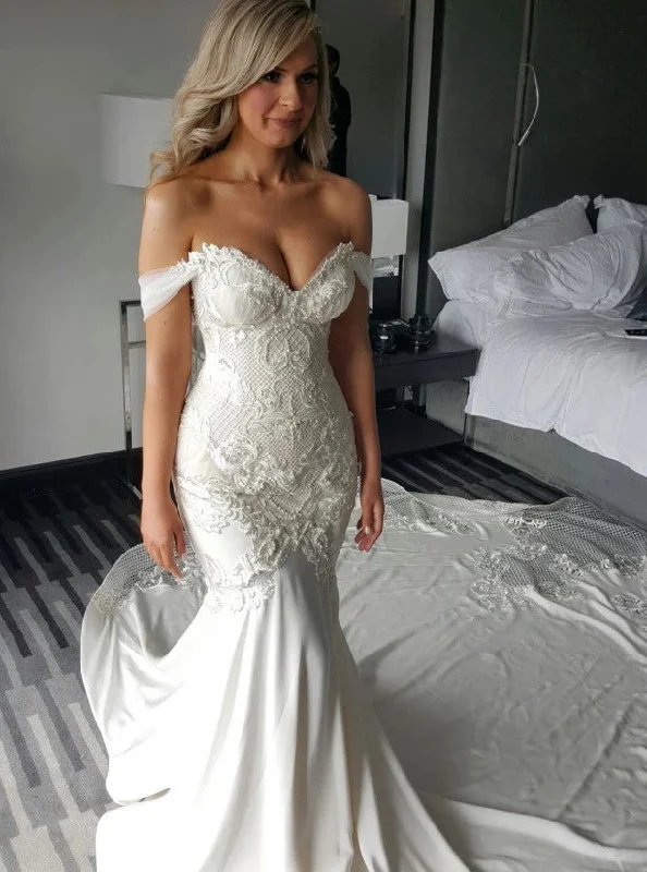 Last Chance Sale Mermaid Long Off Shoulder Backless Lace Appliques Wedding Dress with Pearls Last Chance Sale Mermaid Long Off Shoulder Backless Lace Appliques Wedding Dress with Pearls