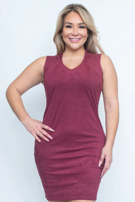 Fashion Forward Plus Size Suede Sleeveless V Neck Midi Dress with Hidden Zip Back (Z9635)