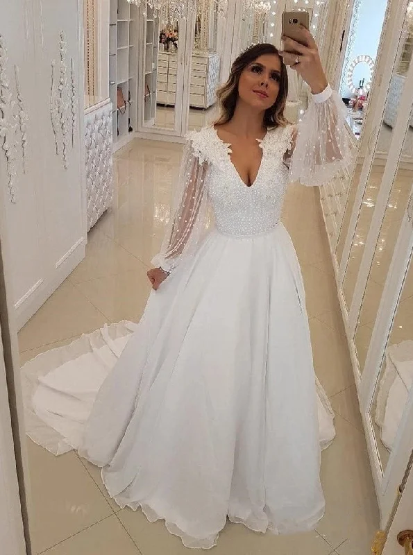 Casual Chic White V Neck Long Sleeve Beaded Appliques Chiffon Wedding Dresses OW693
