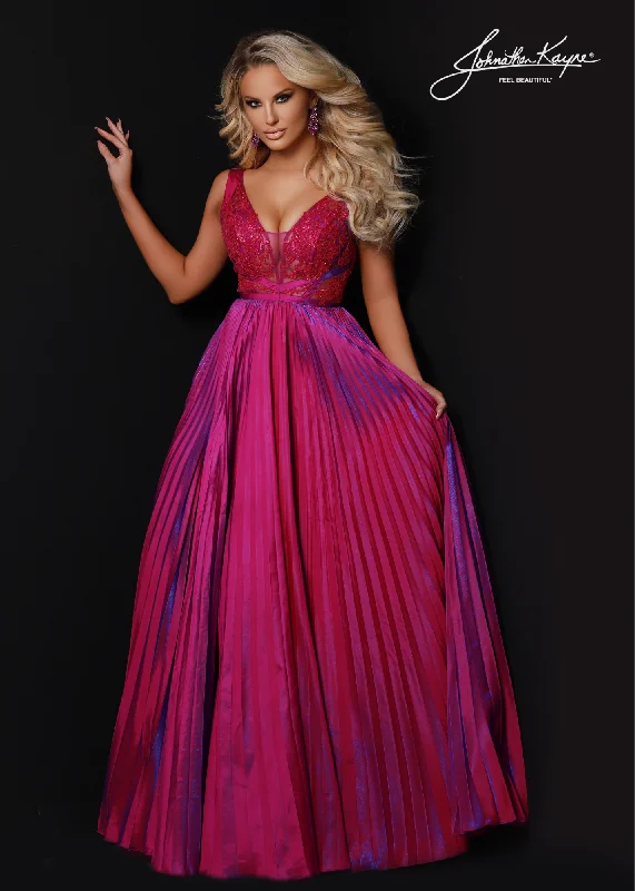 Sleek Design Johnathan Kayne 2629 Size 4 Purple A-Line Metallic Organza Sheer Mesh Bodice V-Neck Open Back Long Formal Gown