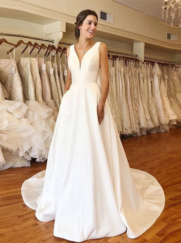 Disco - Inspired Retro Dance Look Simple Wedding Dresses A-line V neck Ivory Satin Bridal Gown OW649 Disco - Inspired Retro Dance Look Simple Wedding Dresses A-line V neck Ivory Satin Bridal Gown OW649