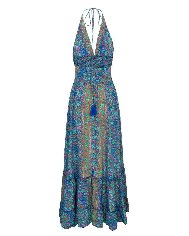 Stylish Savings Amber Blossom Halter Maxi Dress - Blue Paisley