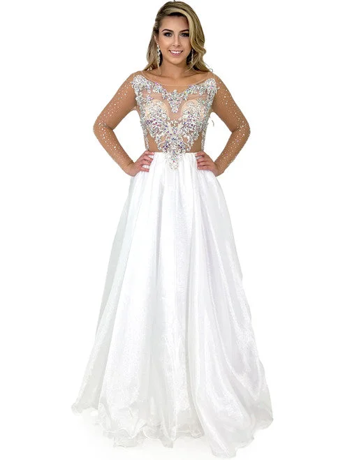 Vibrant Styles Marc Defang 8309 Size 6 White Sheer Crystal Bodice A Line Pageant Dress Formal Long Sleeve Ball Gown Vibrant Styles Marc Defang 8309 Size 6 White Sheer Crystal Bodice A Line Pageant Dress Formal Long Sleeve Ball Gown