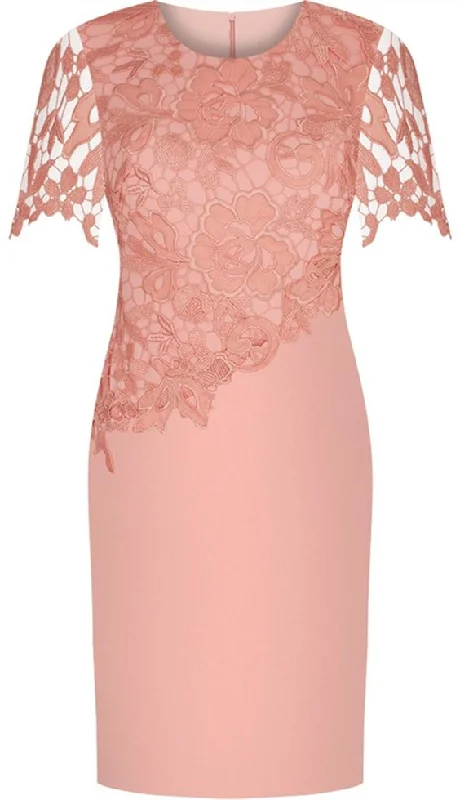 Art Deco Geometric Pattern Look Sheath Round Neck Short Sleeves prom Elastic Satin Short Mother of the Bride Dress with Lace cg2313 Art Deco Geometric Pattern Look Sheath Round Neck Short Sleeves prom Elastic Satin Short Mother of the Bride Dress with Lace cg2313
