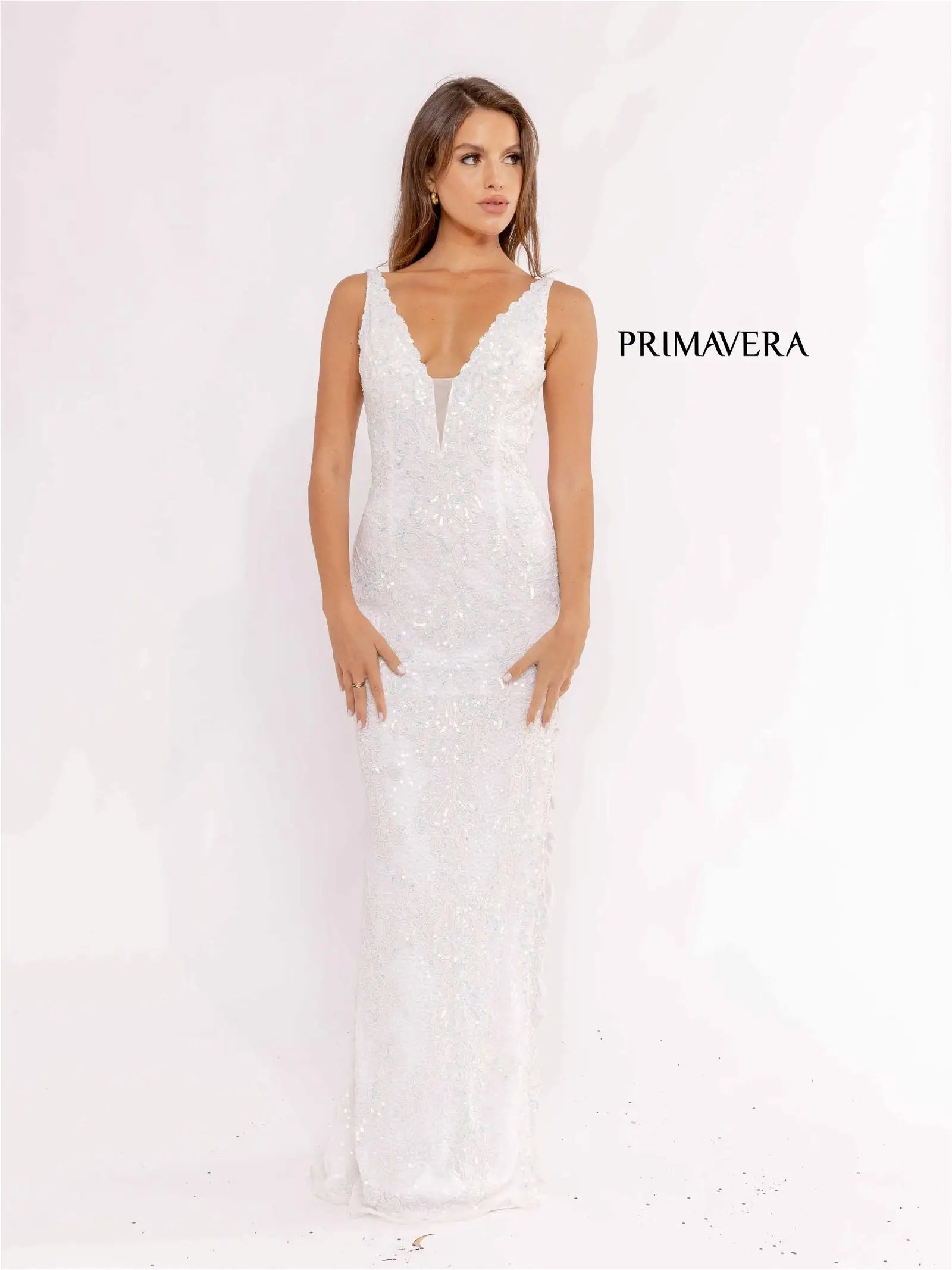 Summer Splash Sale Primavera Couture 3953 Size 4 Ivory Long Beaded Sequin Side Slit Prom Dress Formal Pageant Gown V Neck Summer Splash Sale Primavera Couture 3953 Size 4 Ivory Long Beaded Sequin Side Slit Prom Dress Formal Pageant Gown V Neck