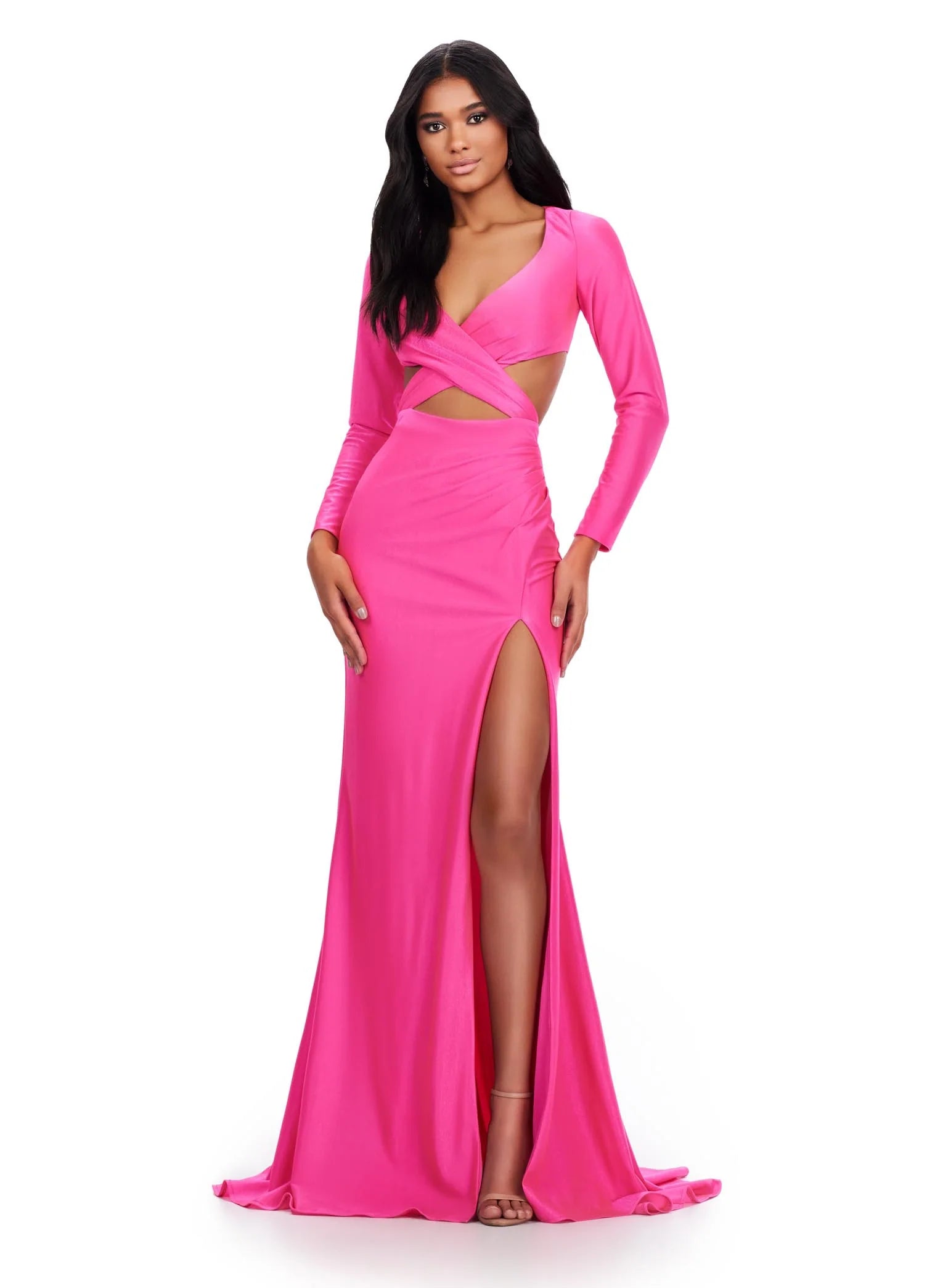 Bold Fashion Ashley Lauren 11607 Size 0 Hot Pink Long Sleeve Jersey Cutout Prom Dress Slit Fitted Skirt Formal Gown Bold Fashion Ashley Lauren 11607 Size 0 Hot Pink Long Sleeve Jersey Cutout Prom Dress Slit Fitted Skirt Formal Gown