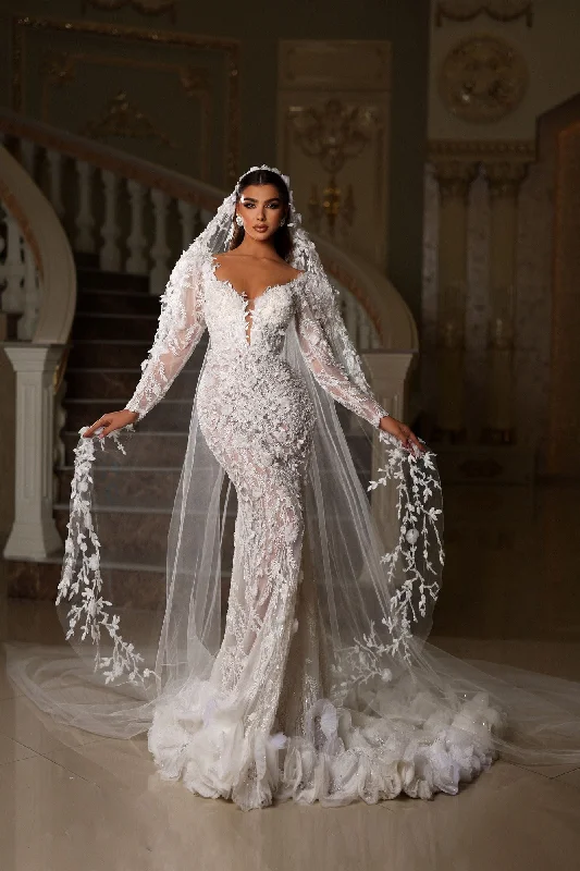 Minimalist Office - Ready Style Floral Blossom Bridal Gown with Detachable Overskirt & Veil
