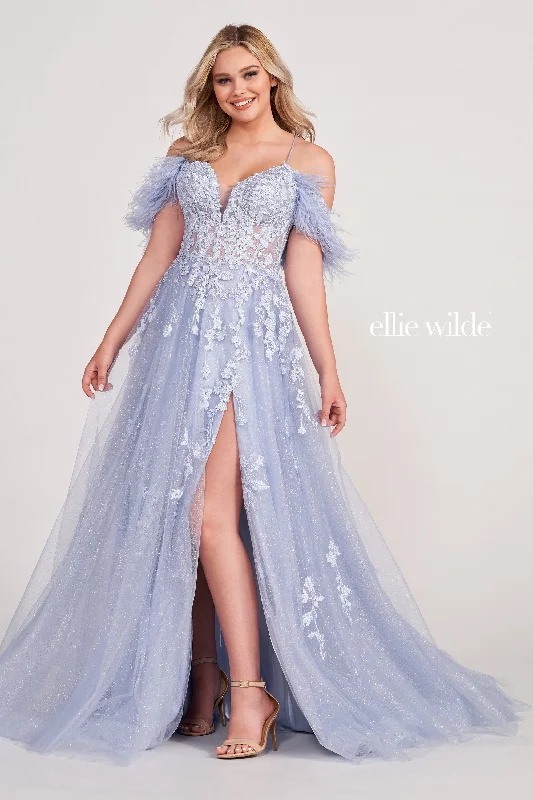 Budget Saver Ellie Wilde EW34066 Size 2 Periwinkle Long A Line Slit Shimmer Dress Sheer Sequin Corset Feather off the shoulder Gown Budget Saver Ellie Wilde EW34066 Size 2 Periwinkle Long A Line Slit Shimmer Dress Sheer Sequin Corset Feather off the shoulder Gown