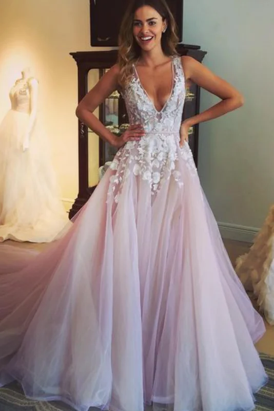 Daily Deals A Line V-Neck Light Pink Flower Appliqued Tulle Wedding Dress N10
