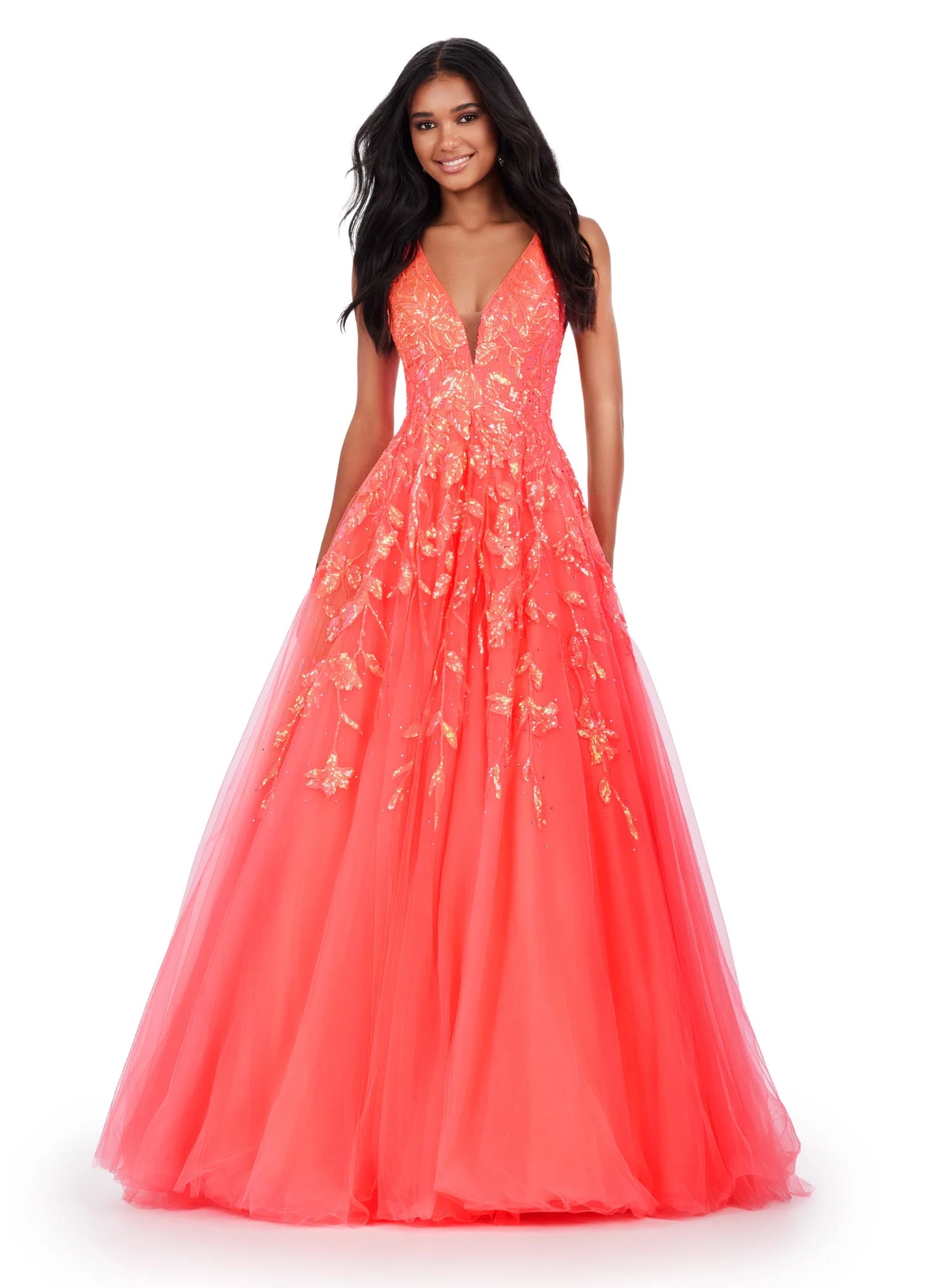 Evening Elegance Ashley Lauren 11470 Size 22 Neon Coral Sequin A Line Tulle Ballgown Prom Dress V Neck Formal Gown Evening Elegance Ashley Lauren 11470 Size 22 Neon Coral Sequin A Line Tulle Ballgown Prom Dress V Neck Formal Gown